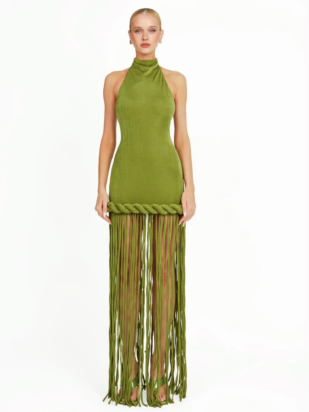 Kiran Braided Fringe Halter Mini Dress - Green